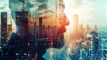 A close-up shot of a man's face, filled with a mix of curiosity and contemplation, as he looks out at a construction site against the backdrop of a vibrant urban landscape photo