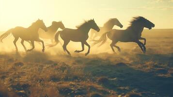 A close-up portrait silhouette of horses running on plains, the sun casting long shadows, highlighting their graceful movement photo