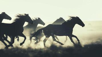 A close-up portrait silhouette of horses running on plains, the sun casting long shadows, highlighting their graceful movement photo