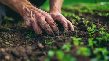 A close-up shot of a gardener's hands carefully smoothing out freshly laid turf, capturing the texture and detail photo