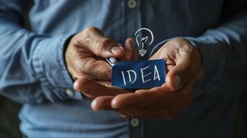 A close-up of a businessman's hand gesturing with IDEA written on the palm photo