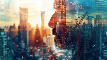 A close-up shot of a man's face, filled with a mix of curiosity and contemplation, as he looks out at a construction site against the backdrop of a vibrant urban landscape photo