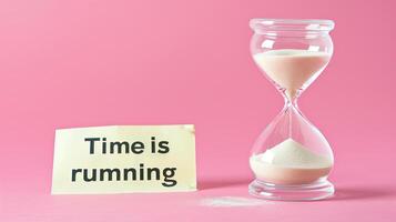 A close-up of an hourglass with sand almost fully drained, text Time is running out on paper next to it photo