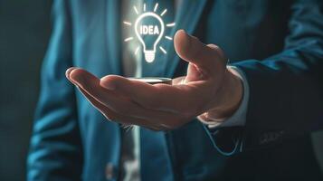 A close-up of a businessman's hand gesturing with IDEA written on the palm photo