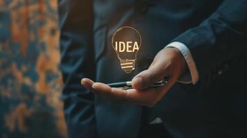 A close-up of a businessman's hand gesturing with IDEA written on the palm photo