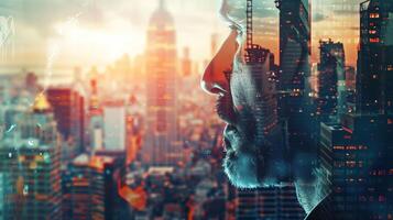 A close-up shot of a man's face, filled with a mix of curiosity and contemplation, as he looks out at a construction site against the backdrop of a vibrant urban landscape photo