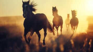 A close-up portrait silhouette of horses running on plains, the sun casting long shadows, highlighting their graceful movement photo