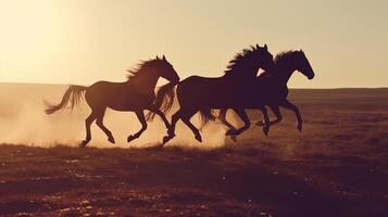 A close-up portrait silhouette of horses running on plains, the sun casting long shadows, highlighting their graceful movement photo