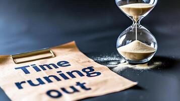 A close-up of an hourglass with sand almost fully drained, text Time is running out on paper next to it photo