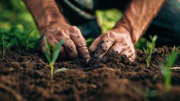 A close-up shot of a gardener's hands carefully smoothing out freshly laid turf, capturing the texture and detail photo