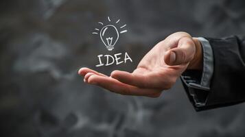 A close-up of a businessman's hand gesturing with IDEA written on the palm photo