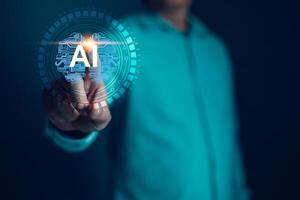 man touch brainstorm circuit tech. Digital Artificial Intelligence AI technology disruption concept. Big data storage.Innovative technology Machine learning support in the business. photo