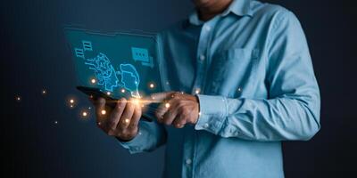 man use smartphone command prompt Ai chat. Digital Artificial Intelligence AI technology disruption concept. Big data storage.Innovative technology Machine learning support in the business. photo
