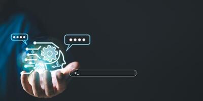 Digital Artificial Intelligence AI technology disruption concept.Innovative technology Machine learning support in the business. man hold bot icon command prompt Ai chat. Big data storage. photo