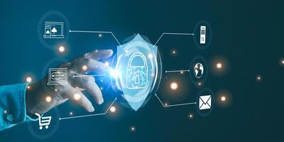Businessmen touch virtual screen interfaces with protect personal data information from viruses. Cyber security and privacy protection network security computer and safe data concept. photo