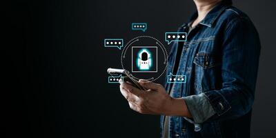 Digital Artificial Intelligence AI technology disruption concept.Innovative technology Machine learning support in the business. man use smartphone command prompt Ai chat. Big data storage. photo