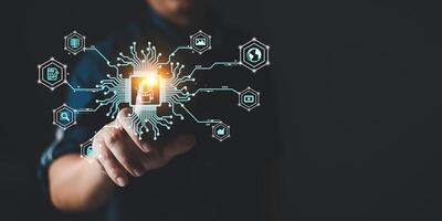 a person touch Ai chip.new technology big data and business process strategy, customer service management.Digital transformation change management,internet of things.cloud computing.Ai technology. photo