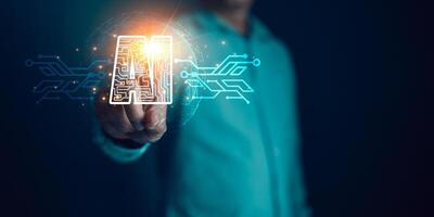 Digital Artificial Intelligence AI technology disruption concept.man touch Ai circuit global Internet connect. Big data storage.Innovative technology Machine learning support in the business. photo