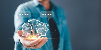 man use smartphone command prompt Ai chat. Digital Artificial Intelligence AI technology disruption concept. Big data storage.Innovative technology Machine learning support in the business. photo