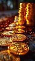A stack of gold coins neatly arranged on a table surface photo