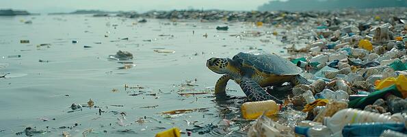 A sea turtle swims in ocean by coral reef among marine organisms photo