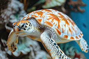 A vibrant sea turtle is gracefully moving through the ocean depths photo