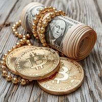 A roll of banknotes and gold coins placed on a wooden table photo