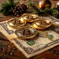 A stack of gold coins rests atop a single dollar note photo
