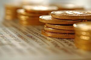 A pile of gold coins rests on a newspaper, signifying wealth and abundance photo