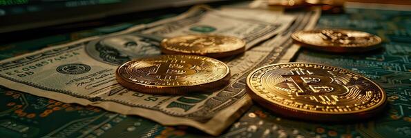 A heap of gleaming gold coins rests atop a stack of bills and currency photo