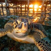 At sunset, a sea turtle is moving through the water photo