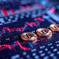 Three bitcoins on a table graph with design and engineering keywords photo
