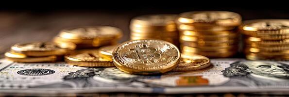 A stack of gold coins on top of a pile of dollar bills photo