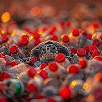 A turtle is surrounded by a collection of plastic bottles photo
