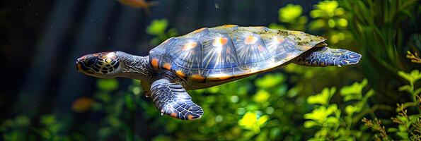 An electric blue sea turtle is gracefully swimming in a tank filled with water photo