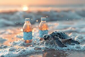 Two aquafina bottles are placed next to a turtle on the beach photo