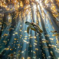 A sea turtle is gracefully swimming in the ocean among a variety of fish photo