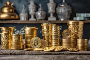 There are gold coins neatly piled on a table surface photo