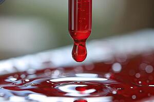 A drop of red liquid is being poured from a pipette onto a surface photo