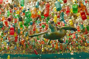 A sea turtle swims among plastic bottles, showing pollution photo
