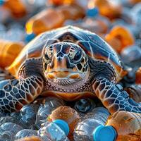 A sea turtle sits atop a heap of plastic bottles in the ocean photo