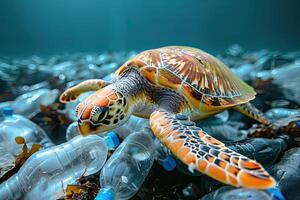 Endangered sea turtle floats among plastic bottles in ocean photo