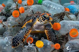 A sea turtle struggles in a polluted environment with plastic bottles and caps photo