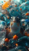 A turtle peacefully swimming in the clear waters of a tropical aquarium photo