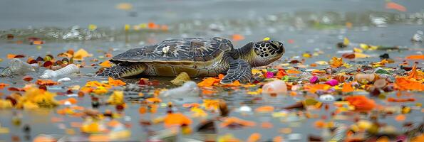 A sea turtle swims in water surrounded by flowers photo