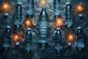 Multiple water bottles are arranged in a row on a rough terrain photo
