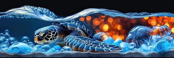 A sea turtle swims in the ocean among plastic bottles photo