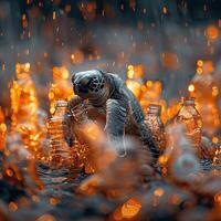 In the water, a turtle is resting on a stack of bottles photo