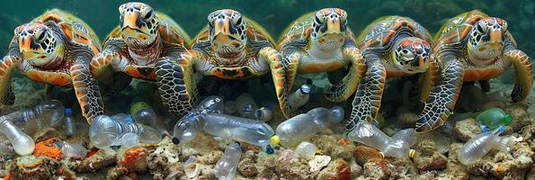 Sea turtles are surrounded by plastic bottles on a coral reef photo
