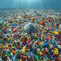 In the ocean, a turtle is perched atop plastic debris photo